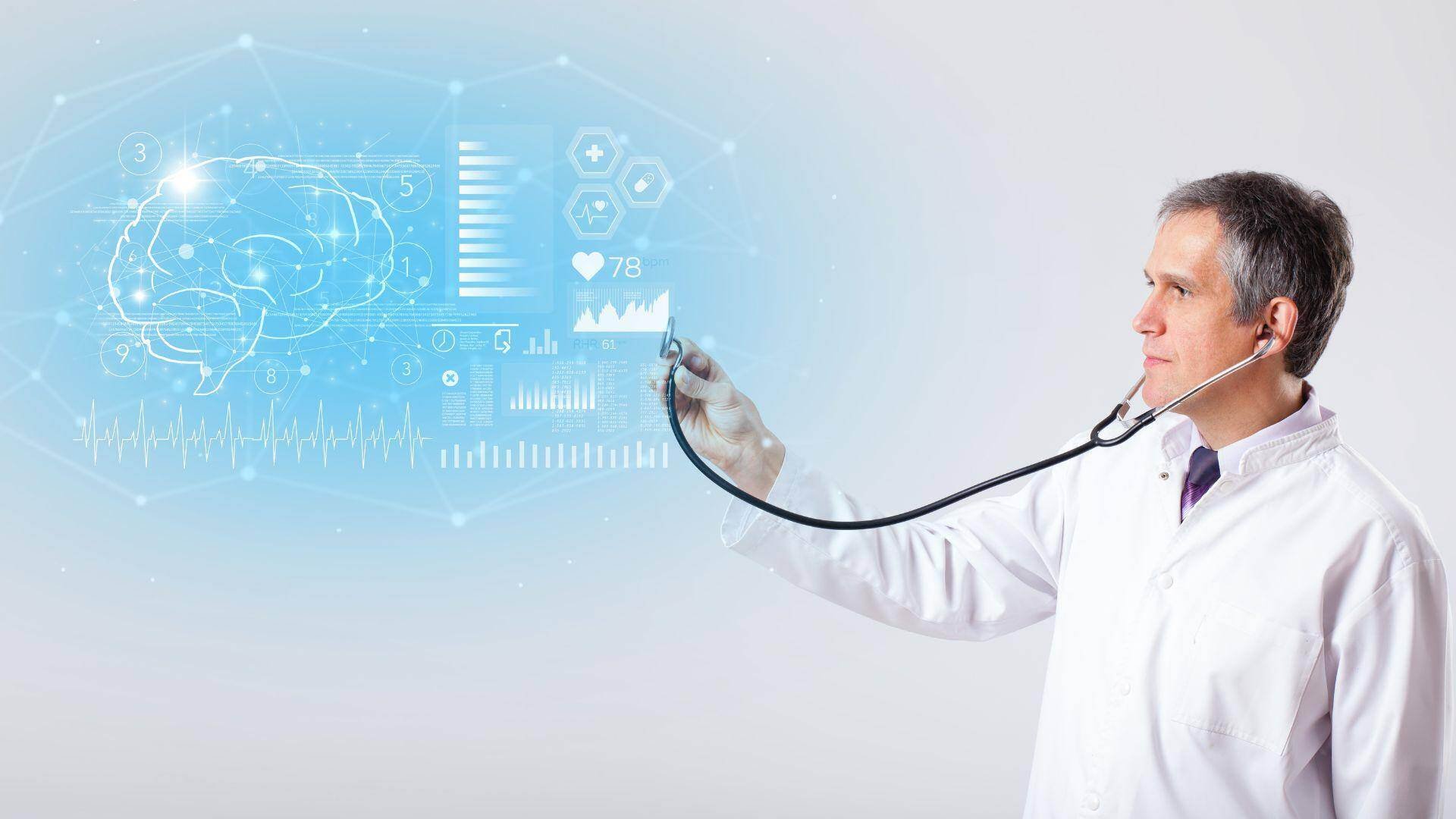 A car accident neurologist looking at a holographic brain scan in Plain, Ohio