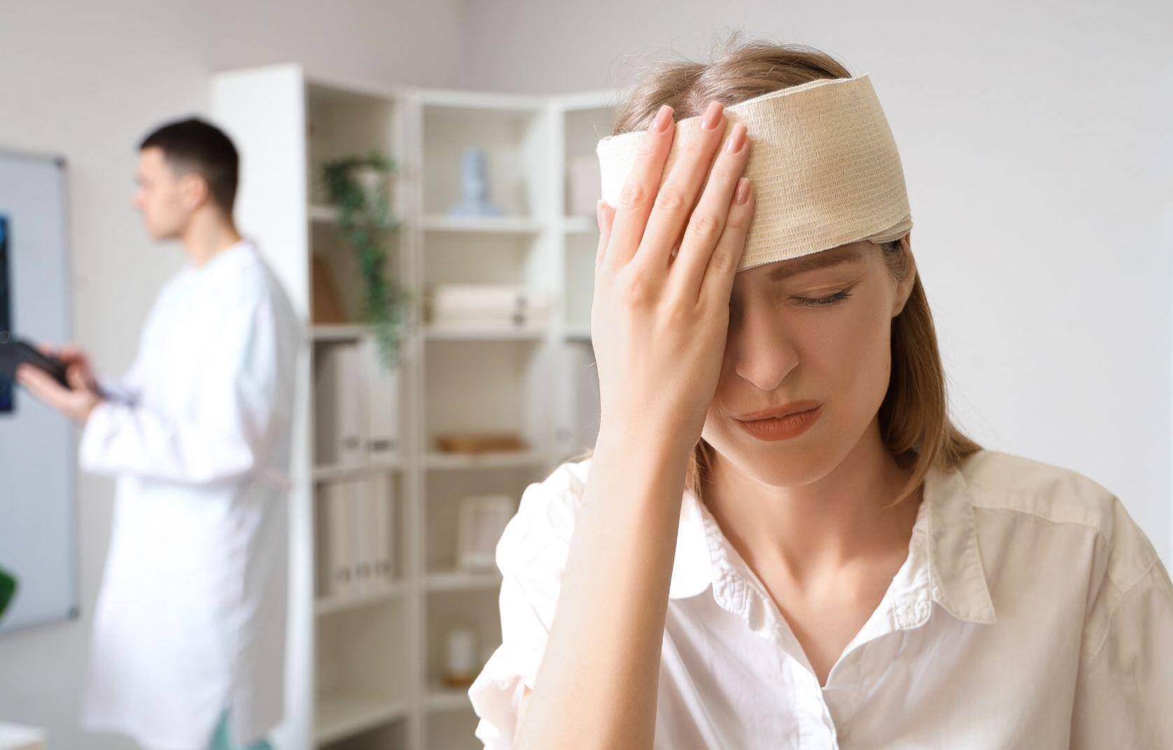 A woman with a damp rag on her head soothing a head injury next to a neurologist in Cortlandt, New York