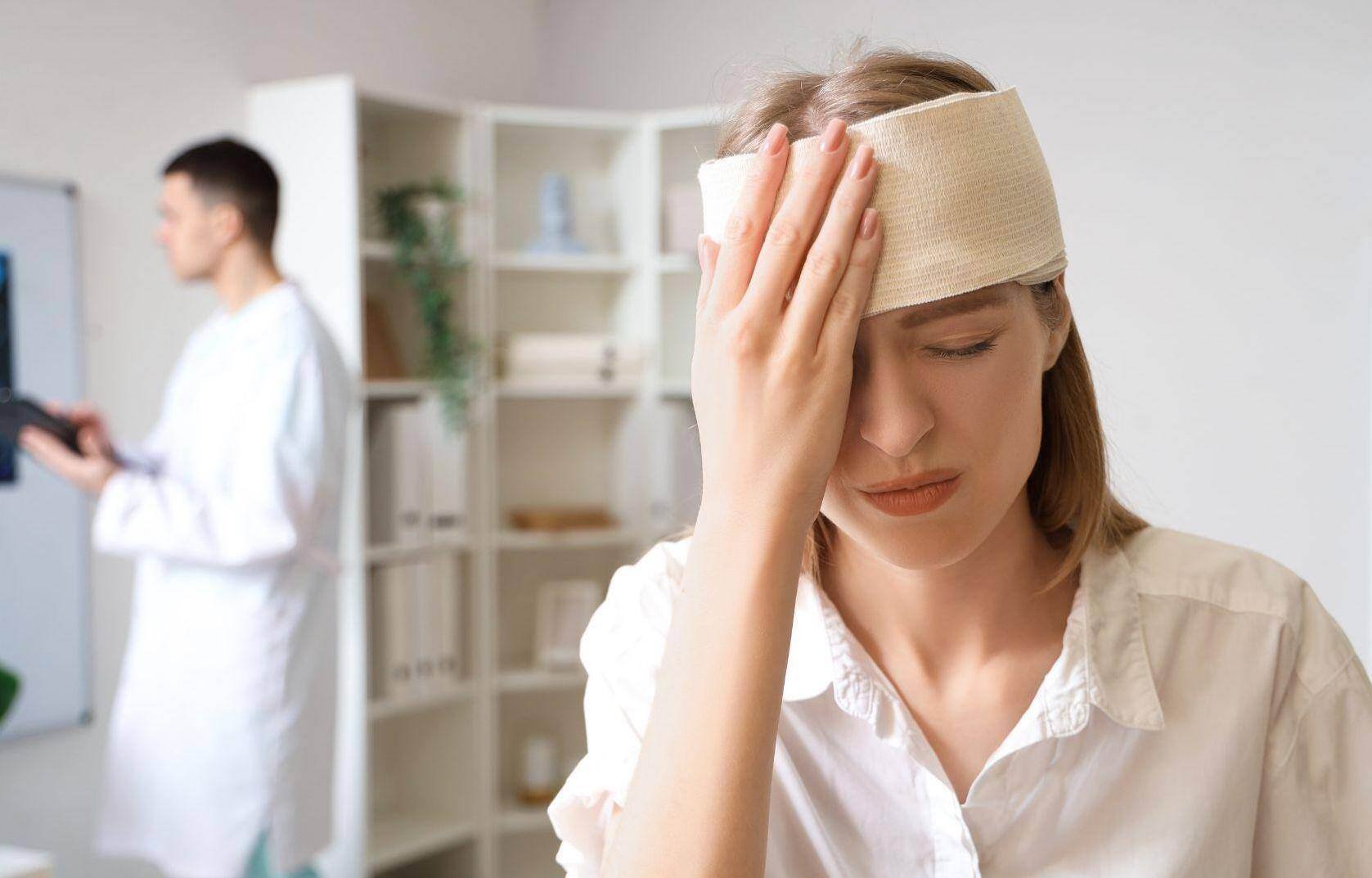 A woman with a damp rag on her head soothing a head injury next to a neurologist in Saginaw, Michigan